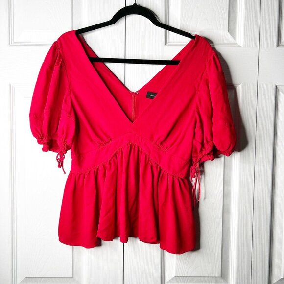 Proenza Schouler Red Deep V-Neck Puff Sleeve Tie Top Blouse Women's Size 12 - Picture 1 of 9